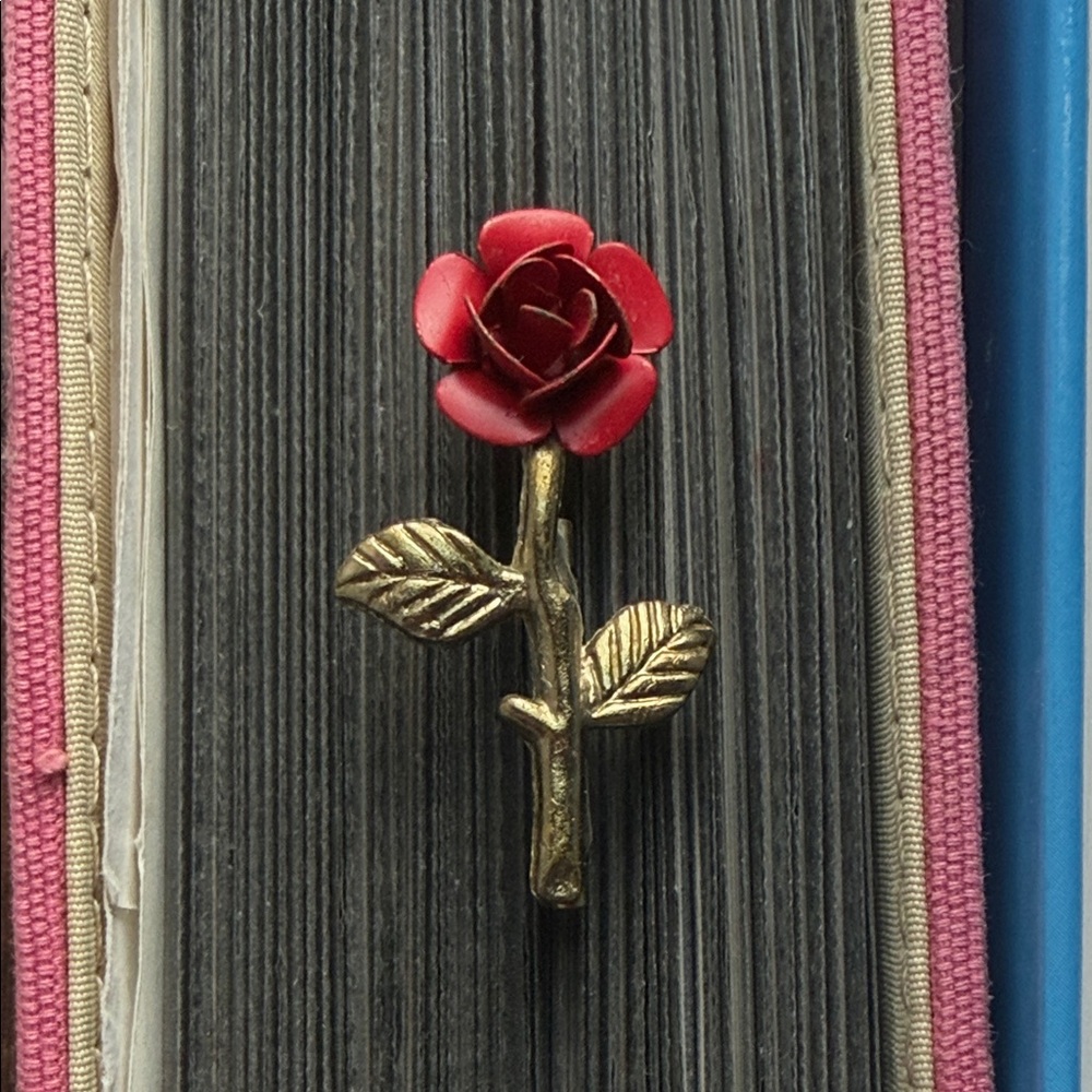 Vintage Red Rose Brooch with Gold Stem